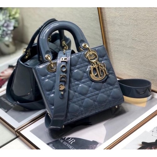 BORSA LADY DIOR PICCOLA Pelle di vitello vernice blu M0531 Blu