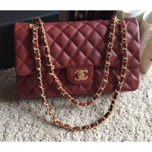 Alta qualità Chanel Classic A36070 Borsa grande con patta in pelle a grana originale bordeaux dorata