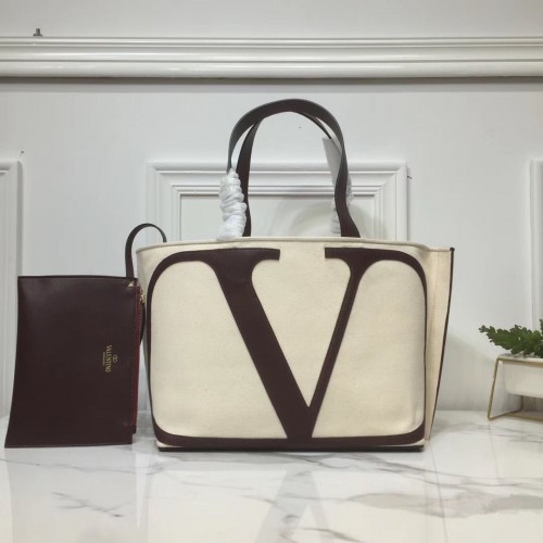 VALENTINO Borsa Shopping in Canvas V0065 Bianco&Marrone