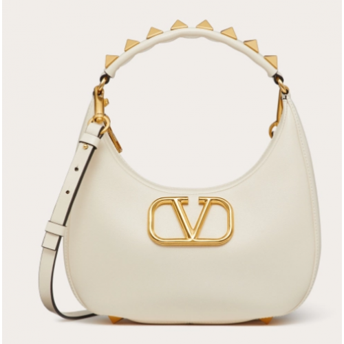 VALENTINO GARAVANI STUD SIGN Borsa hobo in pelle di vitello 1W2B0K69 bianca