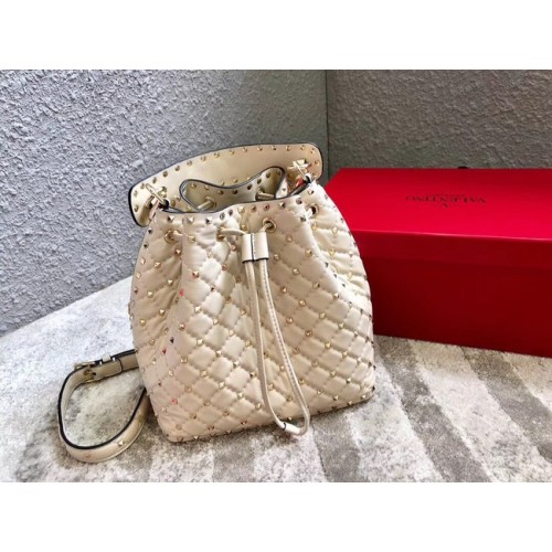 VALENTINO Borsa a secchiello Rockstud in pelle 0059L bianco sporco