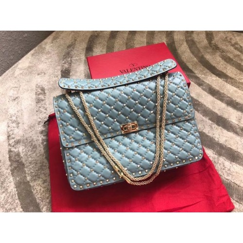 VALENTINO Borsa a tracolla grande Spike in pelle trapuntata 0027 Azzurro