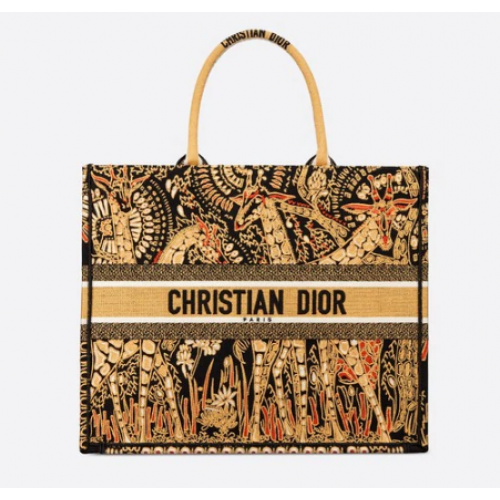 BORSA TOTE DIOR BOOK GIALLA E NERA BORSA DIOR IN TELA RICAMATA CON ANIMALI M16E
