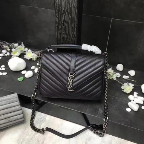 YSL Classic Monogramme Borsa con patta in pelle nera Y392737 Argento