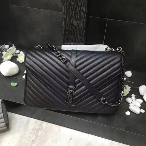 YSL Classic Monogramme Borsa con patta in pelle nera Y392738 Argento