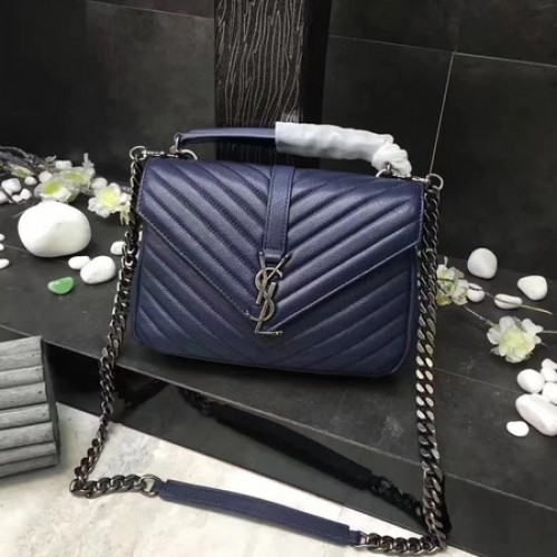 YSL Classic Monogramme Borsa con patta in pelle blu Y392737 Argento