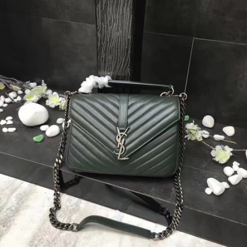 YSL Classic Monogramme Borsa con patta in pelle verde Y392737 Argento
