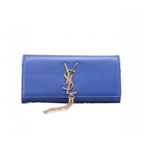 YSL Classic Monogramme Tassel Pochette in pelle liscia Y8908 Blu