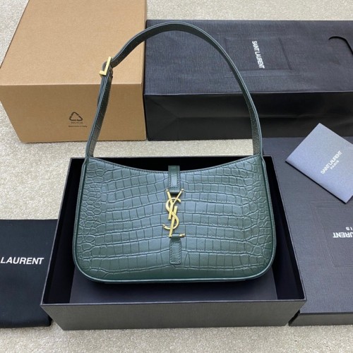 YSL LE 5 A 7 BORSA HOBO IN PELLE LUCIDA STAMPA COCCODRILLO Y687228 verde nerastro