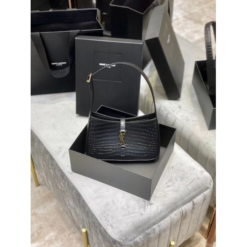 YSL LE 5 A 7 BORSA HOBO IN PELLE LUCIDA STAMPA COCCODRILLO Y687228 black