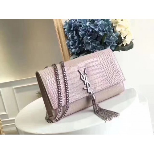 Borsa a tracolla in pelle di coccodrillo originale Yves Saint Laurent 1456 rosa e argento