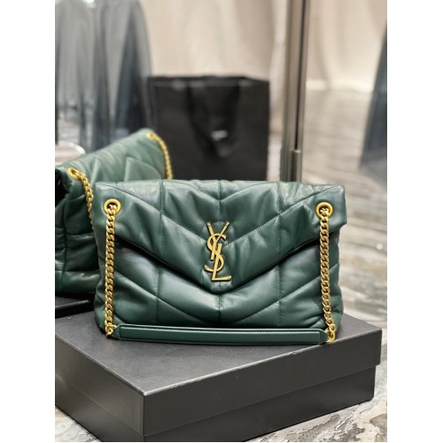 Yves Saint Laurent BORSA LOULOU PUFFER MEDIA IN PELLE OPACA TRAPUNTATA CRINKLED Y577475 verde nerastro