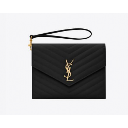 Yves Saint Laurent POCHETTE MONOGRAM IN PELLE STAMPA GRAIN DE POUDRE TRAPUNTATA 617662 nero