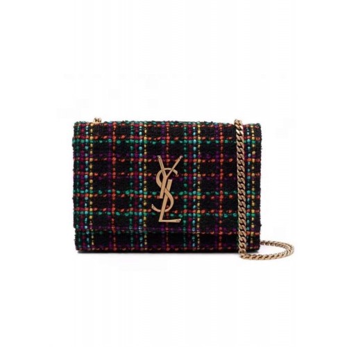 Yves Saint Laurent BORSA PICCOLA PUFFER IN TWEED CHECK E PELLE DI AGNELLO 569930 multicolore
