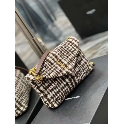 Yves Saint Laurent BORSA PICCOLA PUFFER IN TWEED CHECK E PELLE DI AGNELLO Y597477 BEIGE