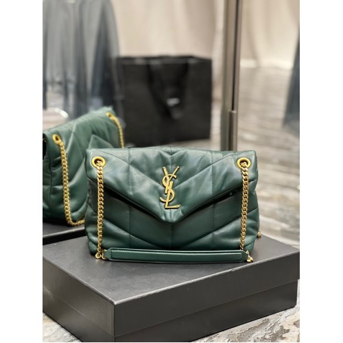 BORSA Yves Saint Laurent PUFFER PICCOLA A CATENA IN PELLE DI AGNELLO TRAPUNTATA 5774761 verde nerastro