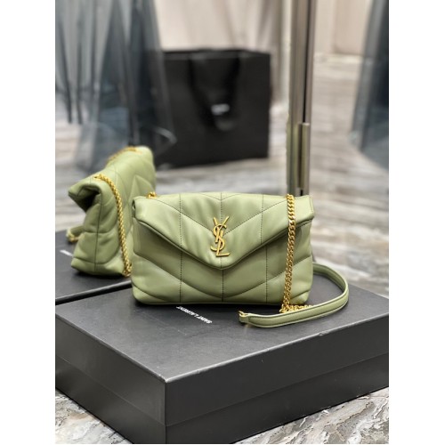 BORSA Yves Saint Laurent PUFFER PICCOLA A CATENA IN PELLE DI AGNELLO TRAPUNTATA 620333 VERDE CHIARO