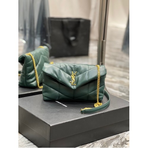 BORSA Yves Saint Laurent PUFFER PICCOLA A CATENA IN PELLE DI AGNELLO TRAPUNTATA 620333 verde nerastro