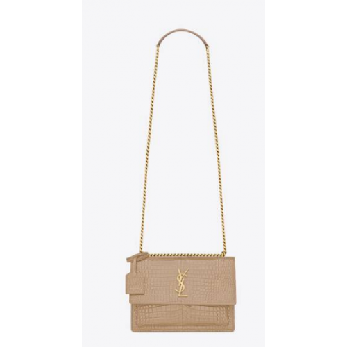 BORSA Yves Saint Laurent SUNSET MEDIUM CHAIN IN PELLE LUCIDA STAMPA COCCODRILLO 442906 BEIGE SCURO