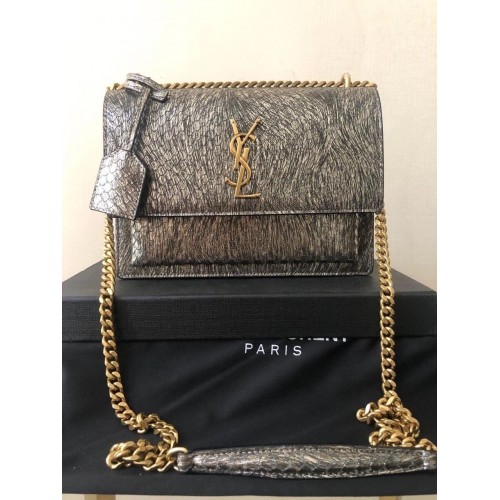 Yves Saint Laurent SUNSET PICCOLA CHAIN BAG IN PELLE LUCIDA SCALE-RILIEVO Y544296 grigio