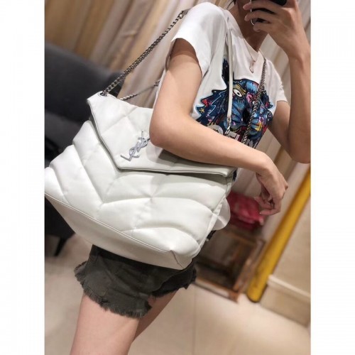 Yves Saint Laurent BORSA LOULOU PUFFER MEDIUM IN PELLE OPACA TRAPUNTATA CRINKLED Y577475 Bianco
