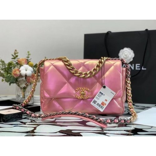 borsa chanel 19 grande patta pelle di vitello iridescente e tono oro AS1162 rosa