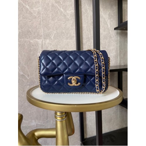borsa chanel classica pelle di agnello e perle d'imitazione metallo AS1740 blu