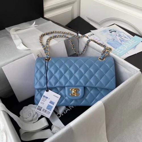 borsa chanel classica Pelle di agnello oro Metallo A01112 blu