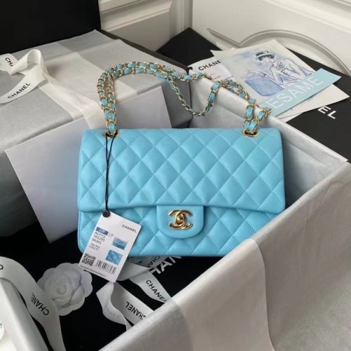 borsa chanel classica Pelle di agnello oro Metallo A01112 azzurro