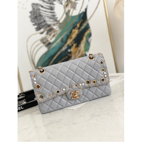 borsa classica chanel Lambskingold Metal AS1112 grigio