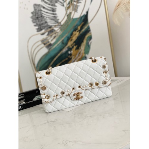 borsa classica chanel Lambskingold Metal AS1112 bianco