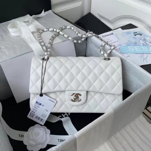 borsa classica chanel Pelle di agnello argento Metallo A01112 bianco