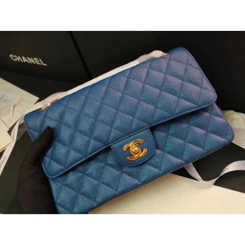 borsa con patta chanel Pelle di vitello grana iridescente e tono oro AS1112 blu