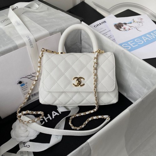 borsa chanel mini flap originale in pelle di caviale con manico superiore bianco AS2215 color oro