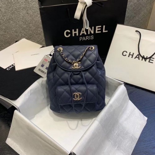 Zaino Chanel Pelle di vitello granulata metallo tonalità oro AS1371 Navy