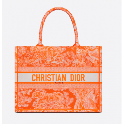 BORSA A LIBRO DIOR MEDIA Arancione fluorescente Toile de Jouy Ricamo inverso M1296ZROC