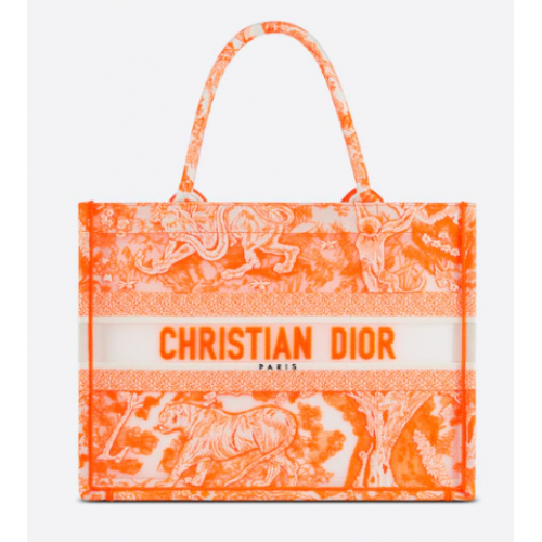 BORSA A LIBRO DIOR MEDIA Arancione fluorescente Toile de Jouy Tela trasparente M1296ZRVJ