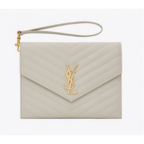 Yves Saint Laurent POCHETTE MONOGRAM IN PELLE STAMPA GRAIN DE POUDRE TRAPUNTATA 617662 bianco